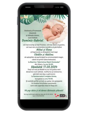 Invitație digitală botez, personalizată cu grafica verde jungle si poza bebe – MIBC507033