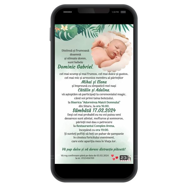 Invitație digitală botez, personalizată cu grafica verde jungle si poza bebe – MIBC507033 - imagine 2