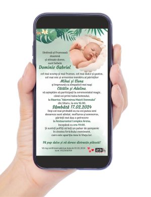 Invitație digitală botez, personalizată cu grafica verde jungle si poza bebe – MIBC507033