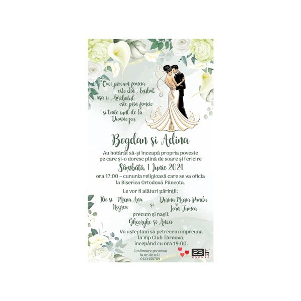 Invitație digitală nunta, personalizată cu grafica in anunate de verde, flori si cuplu miri – MIBC507034 - imagine 2