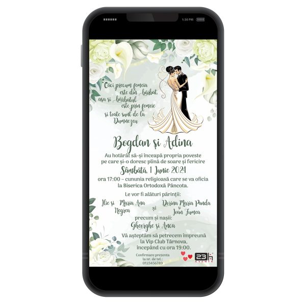 Invitație digitală nunta, personalizată cu grafica in anunate de verde, flori si cuplu miri – MIBC507034 - imagine 3