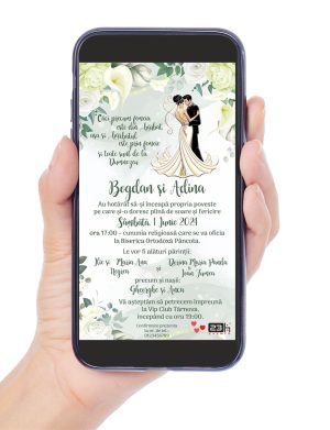 Invitație digitală nunta, personalizată cu grafica in anunate de verde, flori si cuplu miri – MIBC507034