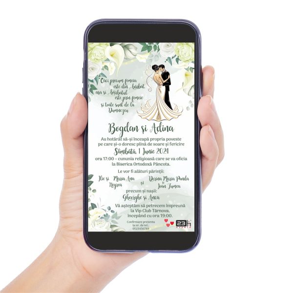 Invitație digitală nunta, personalizată cu grafica in anunate de verde, flori si cuplu miri – MIBC507034