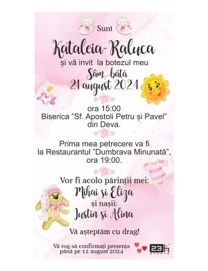 Invitație digitală botez, personalizată cu grafica in nunate de roz si jucarii fetita – MIBC507035