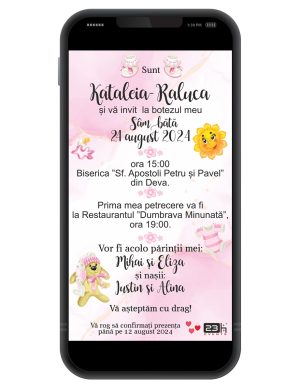 Invitație digitală botez, personalizată cu grafica in nunate de roz si jucarii fetita – MIBC507035