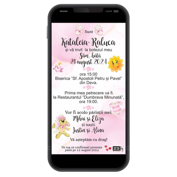 Invitație digitală botez, personalizată cu grafica in nunate de roz si jucarii fetita – MIBC507035 - imagine 2