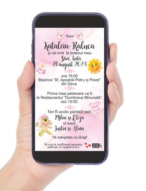 Invitație digitală botez, personalizată cu grafica in nunate de roz si jucarii fetita – MIBC507035