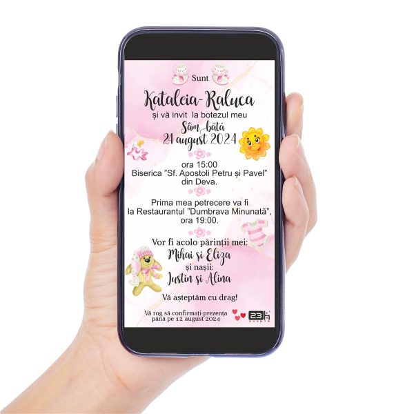 Invitație digitală botez, personalizată cu grafica in nunate de roz si jucarii fetita – MIBC507035
