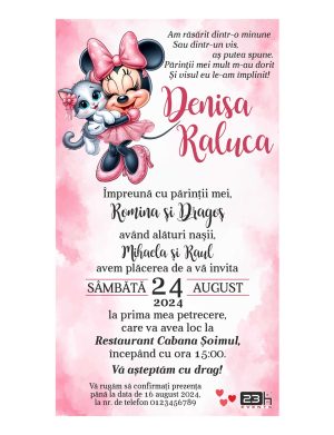 Invitație digitală botez, personalizată cu grafica in nunate de roz si Minnie Mouse – MIBC507036