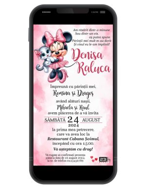 Invitație digitală botez, personalizată cu grafica in nunate de roz si Minnie Mouse – MIBC507036