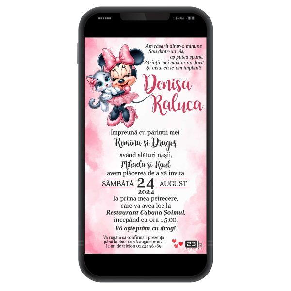 Invitație digitală botez, personalizată cu grafica in nunate de roz si Minnie Mouse – MIBC507036 - imagine 4