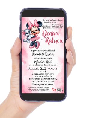 Invitație digitală botez, personalizată cu grafica in nunate de roz si Minnie Mouse – MIBC507036