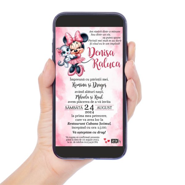 Invitație digitală botez, personalizată cu grafica in nunate de roz si Minnie Mouse – MIBC507036