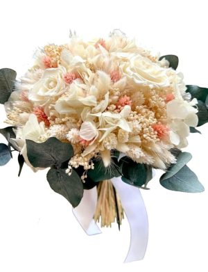 Buchet mireasă cu flori criogenate albe, model deosebit cu eucalipt criogenat – AMB507007