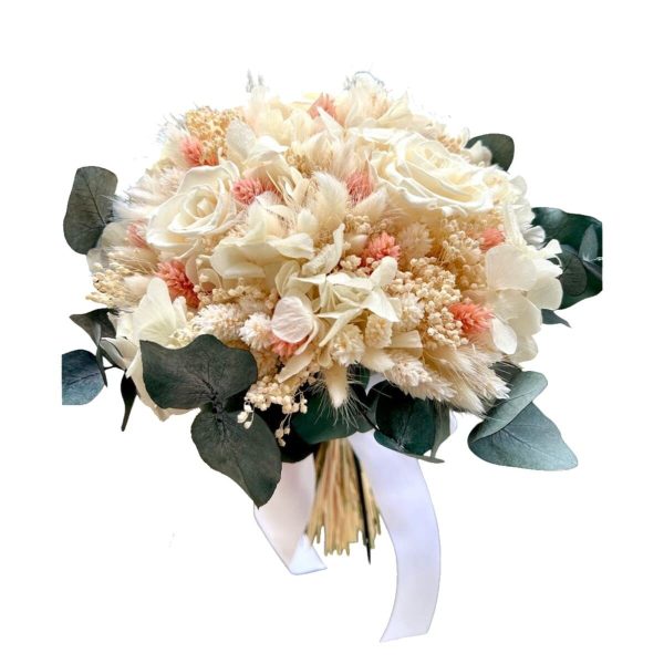 Buchet mireasă cu flori criogenate albe, model deosebit cu eucalipt criogenat - AMB507007
