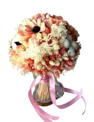 Buchet mireasă/nașă cu flori criogenate și flori uscate, cromatică alb-roz – AMB507002
