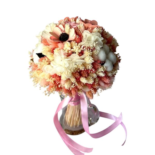Buchet mireasă/nașă cu flori criogenate și flori uscate, cromatică alb-roz - AMB507002