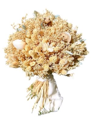Buchet mireasă/nașă în cromatică alb-crem, cu scoici, tematică marină – AMB507005