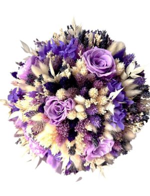Buchet mireasă/nașă în cromatică alb-lila, trandafiri lila/mov – AMB507009
