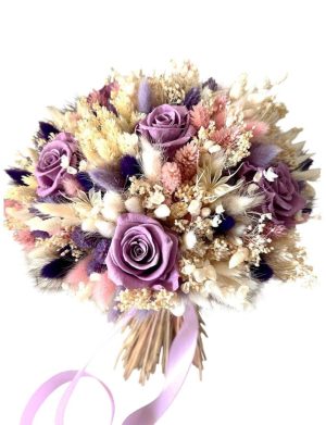Buchet mireasă/nașă în cromatică alb-lila, trandafiri mov - AMB507010