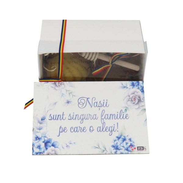 Cadou pentru Nași, set cu miere poliflora 250 gr. și lumânare din ceară naturală & plăcuță bleu - ILIF507036