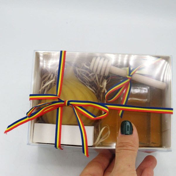Cadou pentru Nași, set cu miere poliflora 250 gr. și lumânare din ceară naturală & plăcuță bleu - ILIF507036 - imagine 2