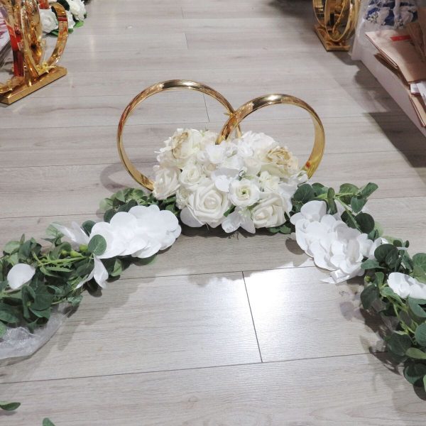 Decor mașină pentru nuntă, verighete decorate cu flori de mătase, silicon și tulle, alb-verde - ILIF507032 - imagine 3