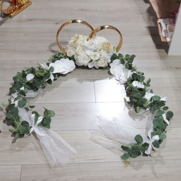 Decor mașină pentru nuntă, verighete decorate cu flori de mătase, silicon și tulle, alb-verde - ILIF507032 - imagine 4