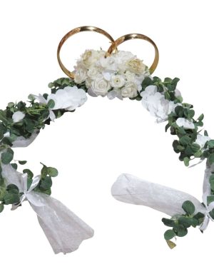 Decor mașină pentru nuntă, verighete decorate cu flori de mătase, silicon și tulle, alb-verde - ILIF507032