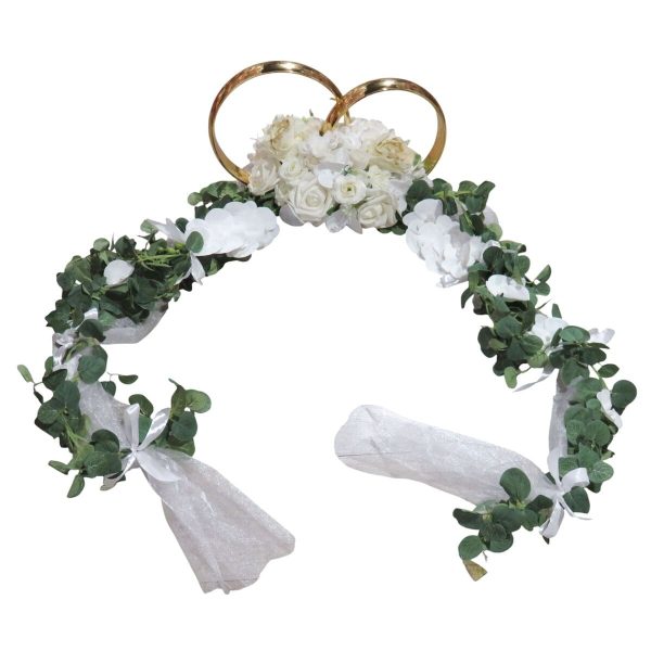 Decor mașină pentru nuntă, verighete decorate cu flori de mătase, silicon și tulle, alb-verde - ILIF507032