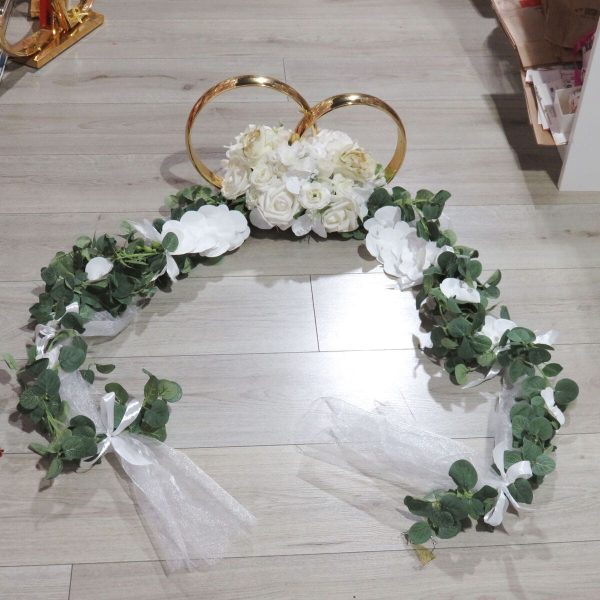Decor mașină pentru nuntă, verighete decorate cu flori de mătase, silicon și tulle, alb-verde - ILIF507032 - imagine 2