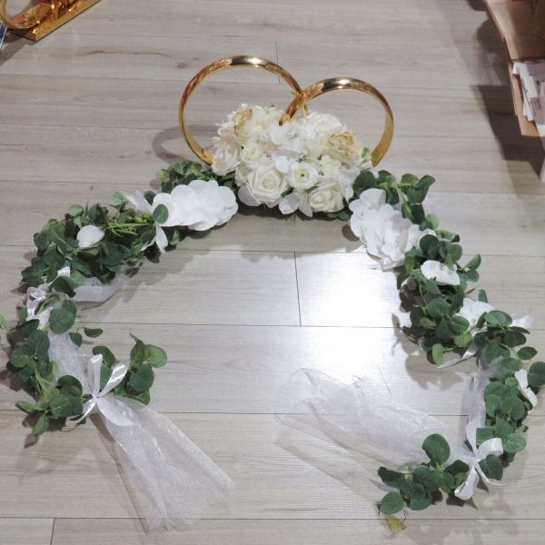 Decor mașină pentru nuntă, verighete decorate cu flori de mătase, silicon și tulle, alb-verde - ILIF507032 - imagine 6