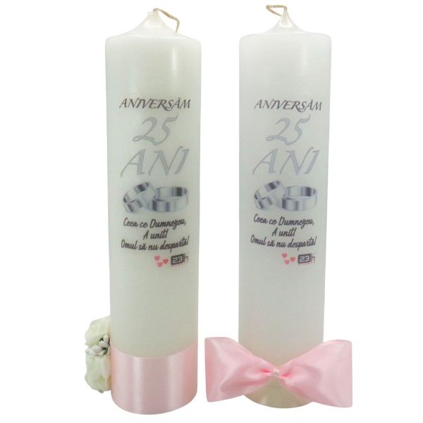 Lumânare Nuntă de Argint, aniversare 25 ani cu flori de spumă/papion, panglică roz - ILIF507038