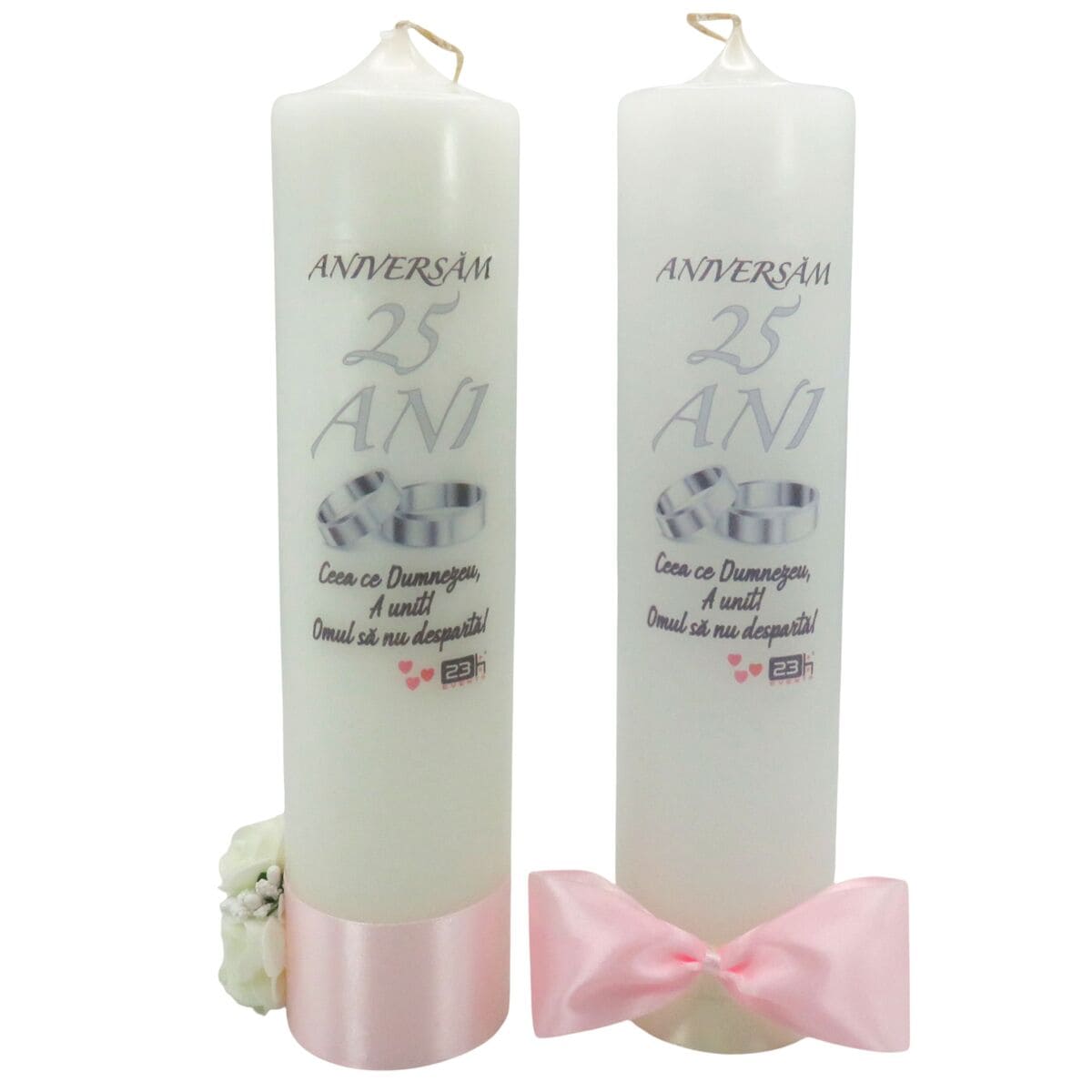 Lumanare Nunta de Argint aniversare 25 ani cu flori de spumapapion panglica roz ILIF507038 3