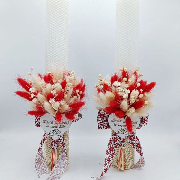 Lumânare Nuntă din ceară naturală decorată cu flori uscate, model Tradițional personalizat - FEIS507008 - imagine 2