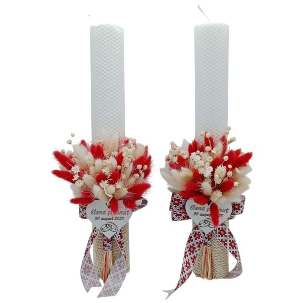 Lumânare Nuntă din ceară naturală decorată cu flori uscate, model Tradițional personalizat - FEIS507008