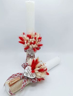 Lumânare Nuntă din ceară naturală decorată cu flori uscate, model Tradițional personalizat – FEIS507008