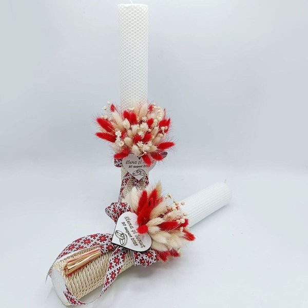 Lumânare Nuntă din ceară naturală decorată cu flori uscate, model Tradițional personalizat - FEIS507008 - imagine 3