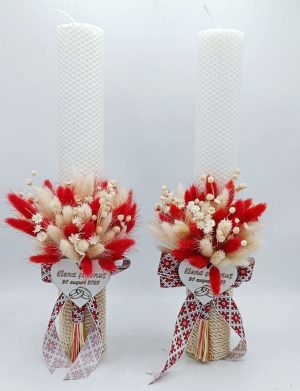 Lumânare Nuntă din ceară naturală decorată cu flori uscate, model Tradițional personalizat – FEIS507008