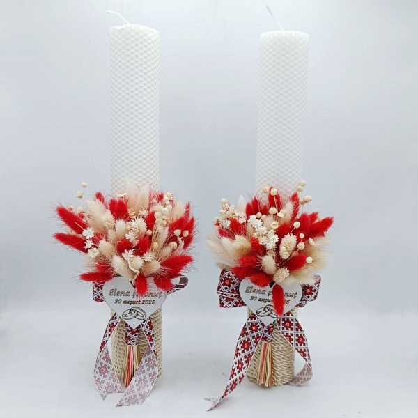 Lumânare Nuntă din ceară naturală decorată cu flori uscate, model Tradițional personalizat - FEIS507008 - imagine 5