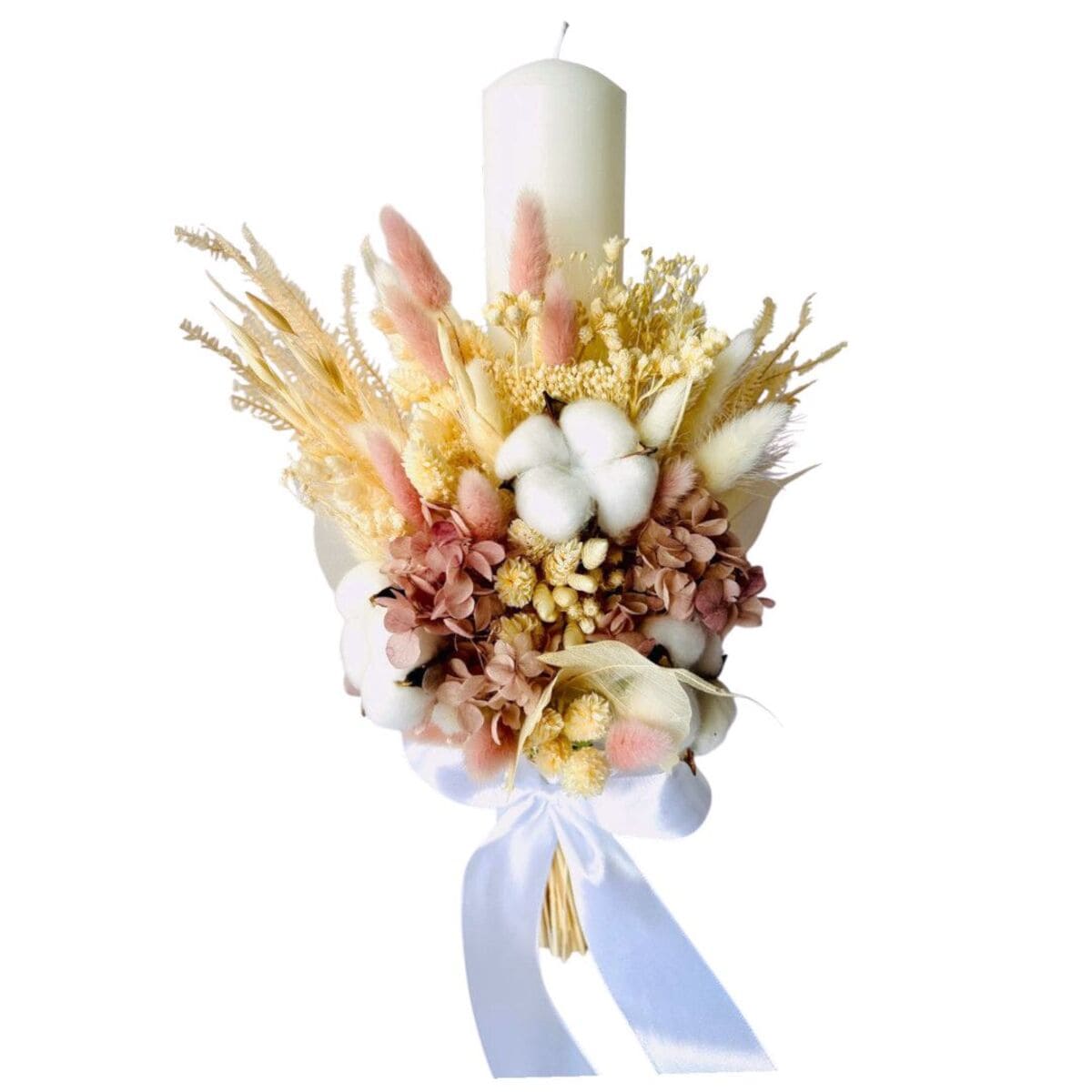 Lumanare nuntabotez cu buchet din flori uscate si hortensie criogenata AMB507003 1