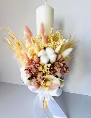 Lumânare nuntă/botez cu buchet din flori uscate și hortensie criogenată – AMB507003