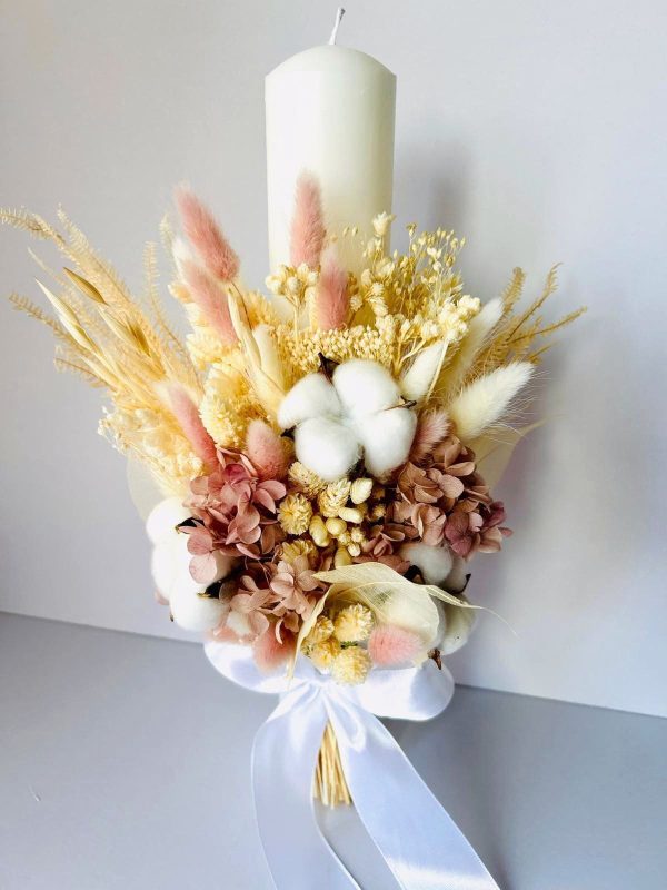 Lumânare nuntă/botez cu buchet din flori uscate și hortensie criogenată - AMB507003 - imagine 2
