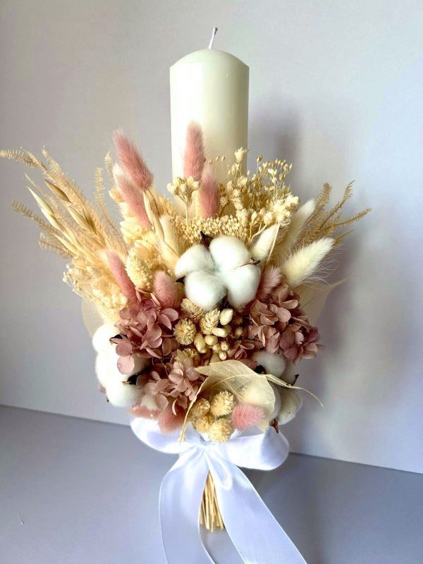 Lumânare nuntă/botez cu buchet din flori uscate și hortensie criogenată - AMB507003 - imagine 6