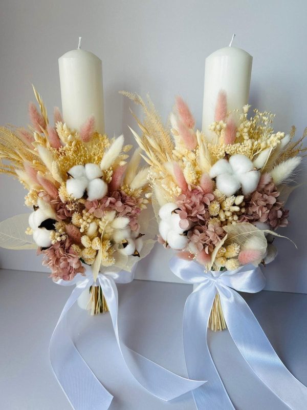 Lumânare nuntă/botez cu buchet din flori uscate și hortensie criogenată - AMB507003 - imagine 5