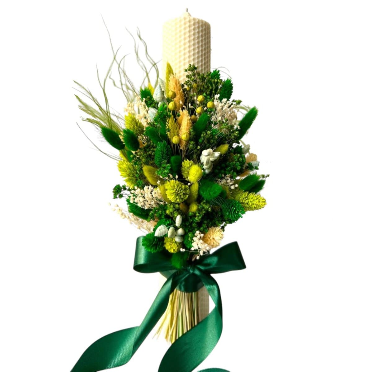 Lumanare nuntabotez din ceara naturala de albine cu buchet din flori uscate cromatica verde AMB507001 1