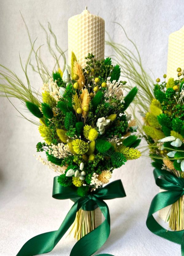 Lumânare nuntă/botez din ceara naturală de albine cu buchet din flori uscate, cromatică verde - AMB507001 - imagine 3