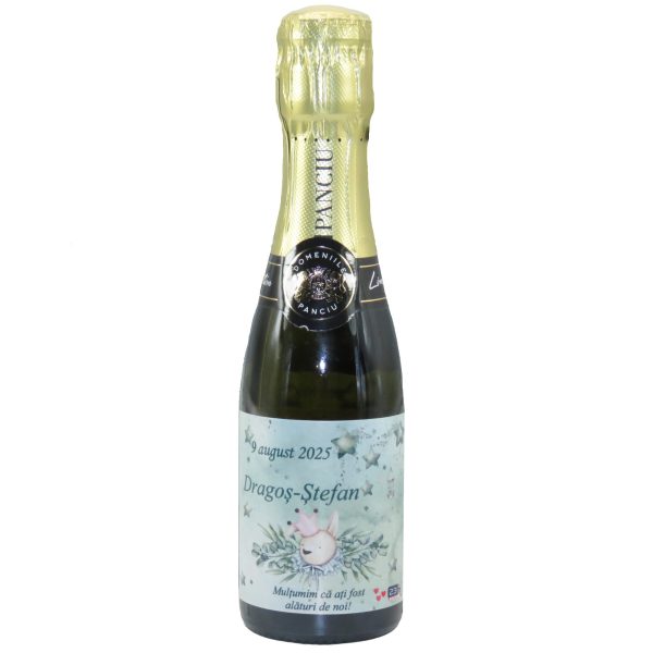Mărturie botez băiețel, sticluță vin spumant, Iepuraș, model personalizat - ILIF507040