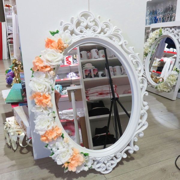 Oglinda miresei, formă ovală în stil victorian, lucrată cu flori de mătase, piersiciu - ILIF507025 - imagine 5
