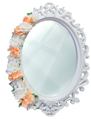 Oglinda miresei, formă ovală în stil victorian, lucrată cu flori de mătase, piersiciu – ILIF507025
